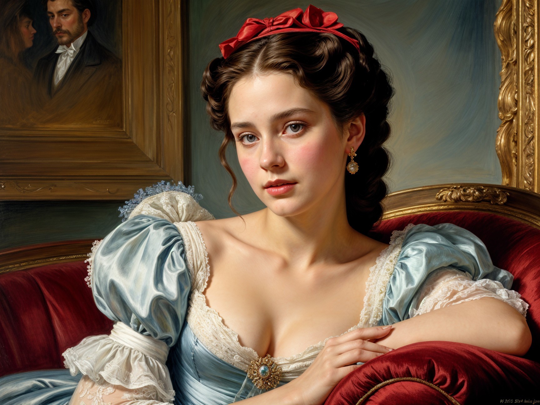 Young Woman in Blue Gown on Red Couch Portrait
