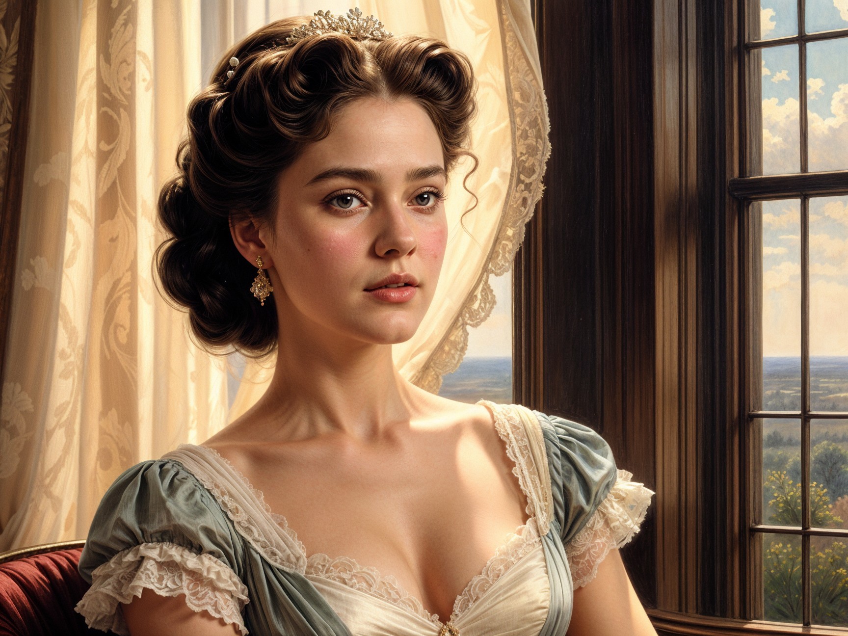 Elegant Woman by Window with Sunlit Landscape