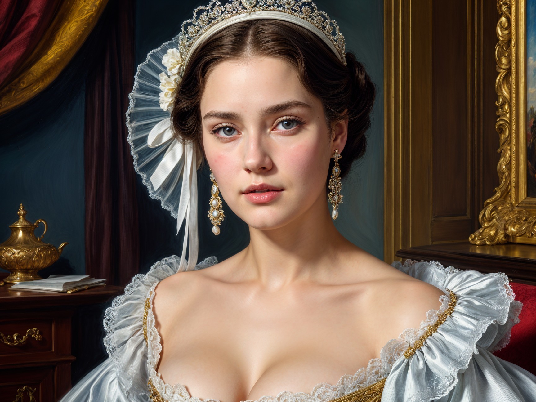 Young Woman in Elegant Historical Gown and Decor