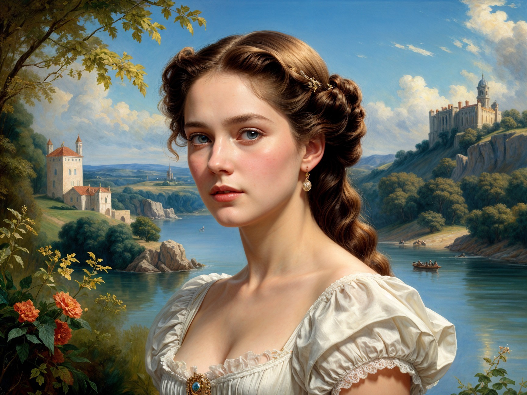 Young woman in light gown by a serene river landscape