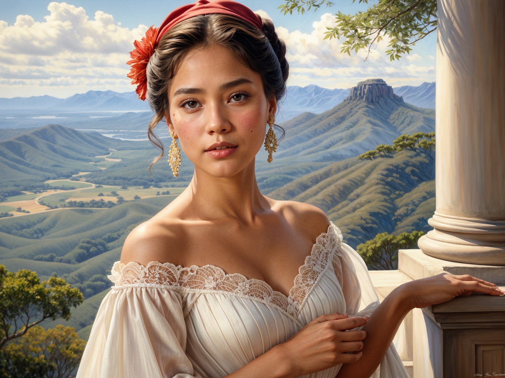 Young Woman in Elegant Dress with Mountainous Backdrop