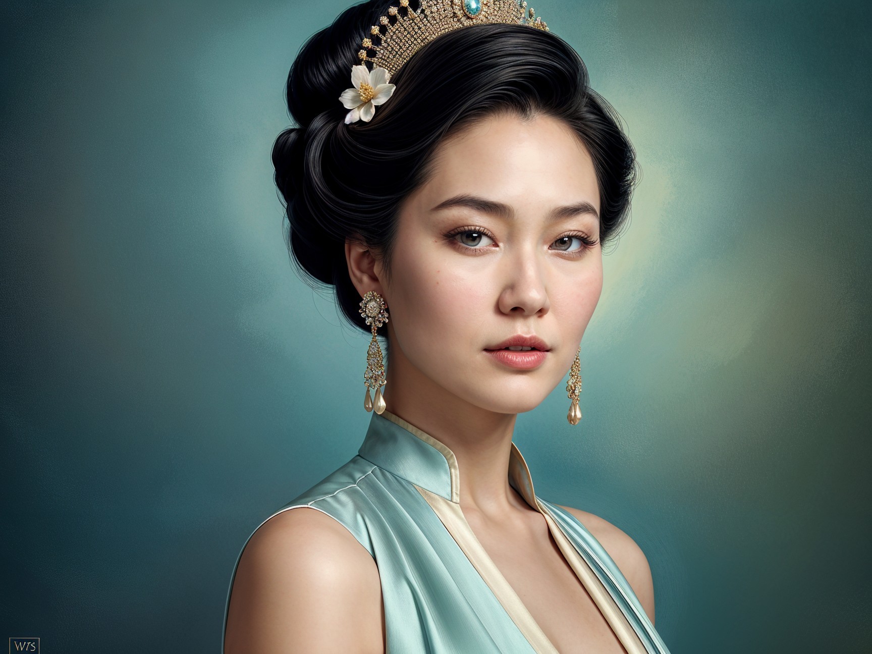 Elegant Woman in Traditional Hairstyle and Pale Blue Garment