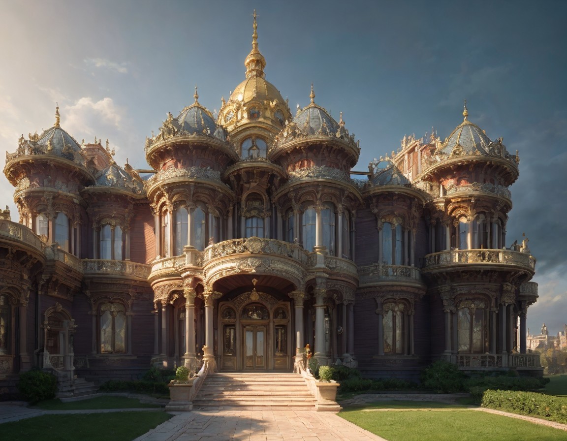 Opulent mansion with intricate architecture and greenery