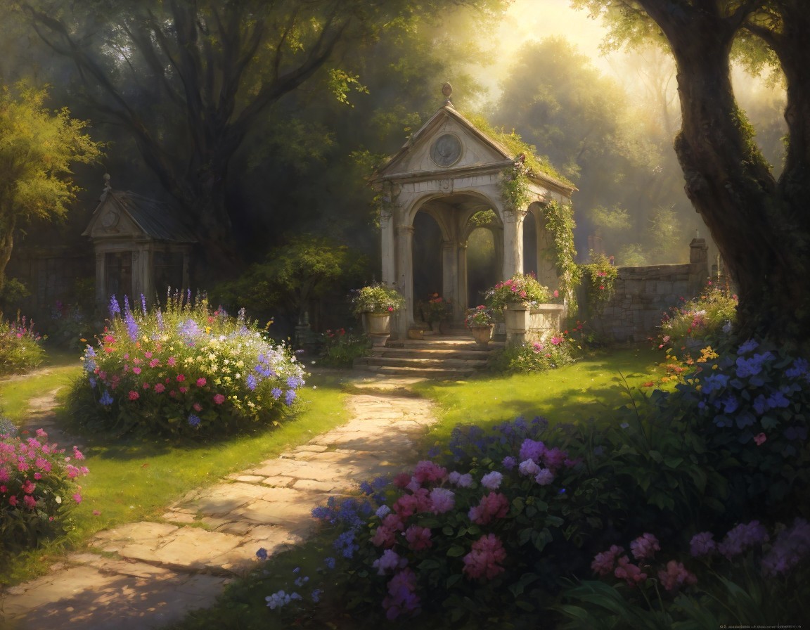 Tranquil garden scene with stone path, archway, and lush flowers