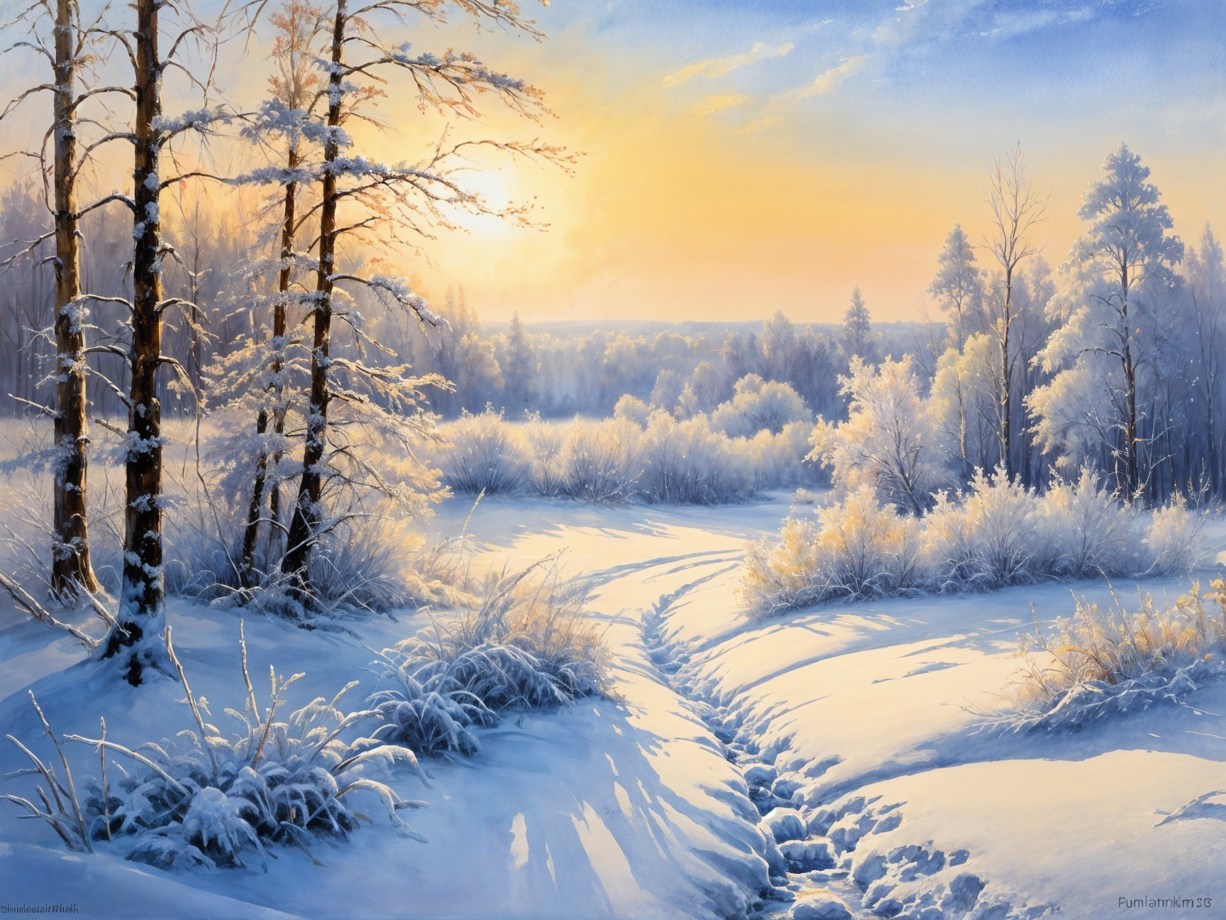 Serene Winter Landscape with Morning Light and Snow