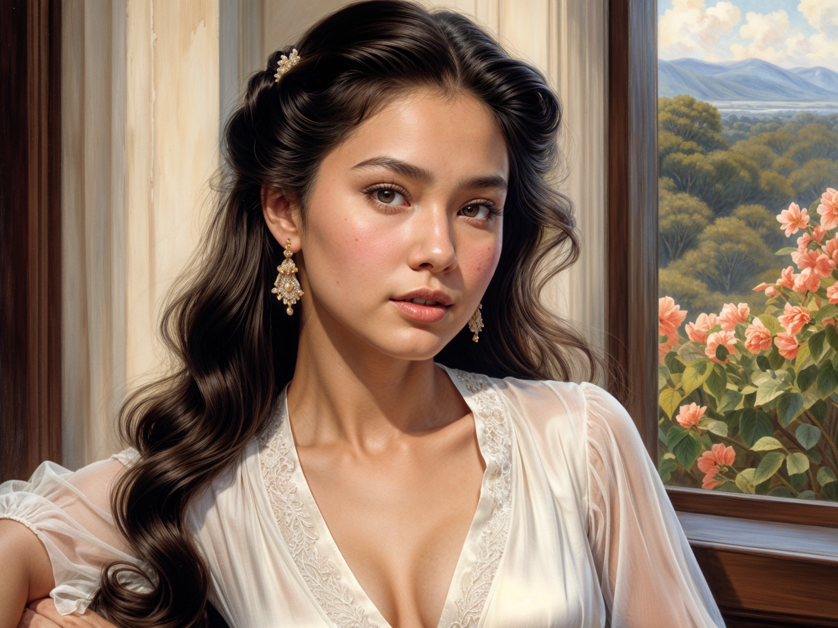Young woman in elegant blouse with serene landscape view