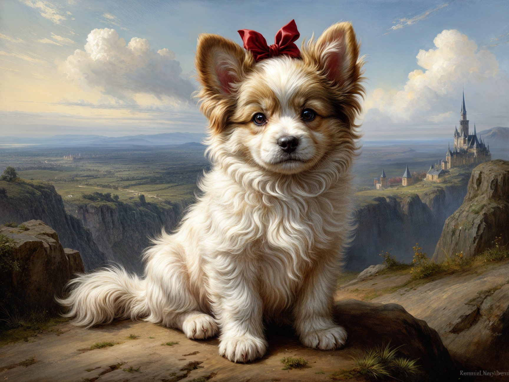 Fluffy Dog with Bow on Rocky Outcrop and Scenic View