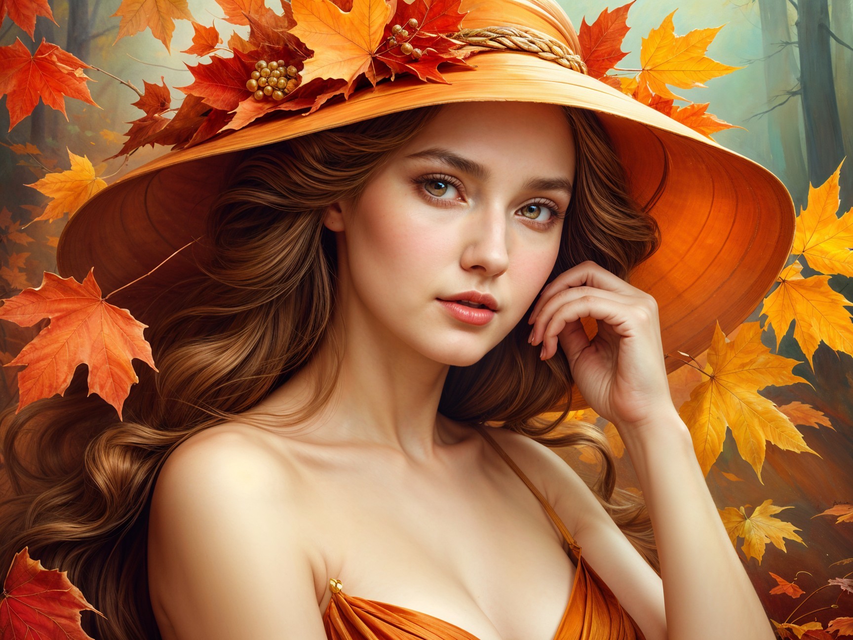 Serene Woman in Autumn Hat Amidst Golden Foliage