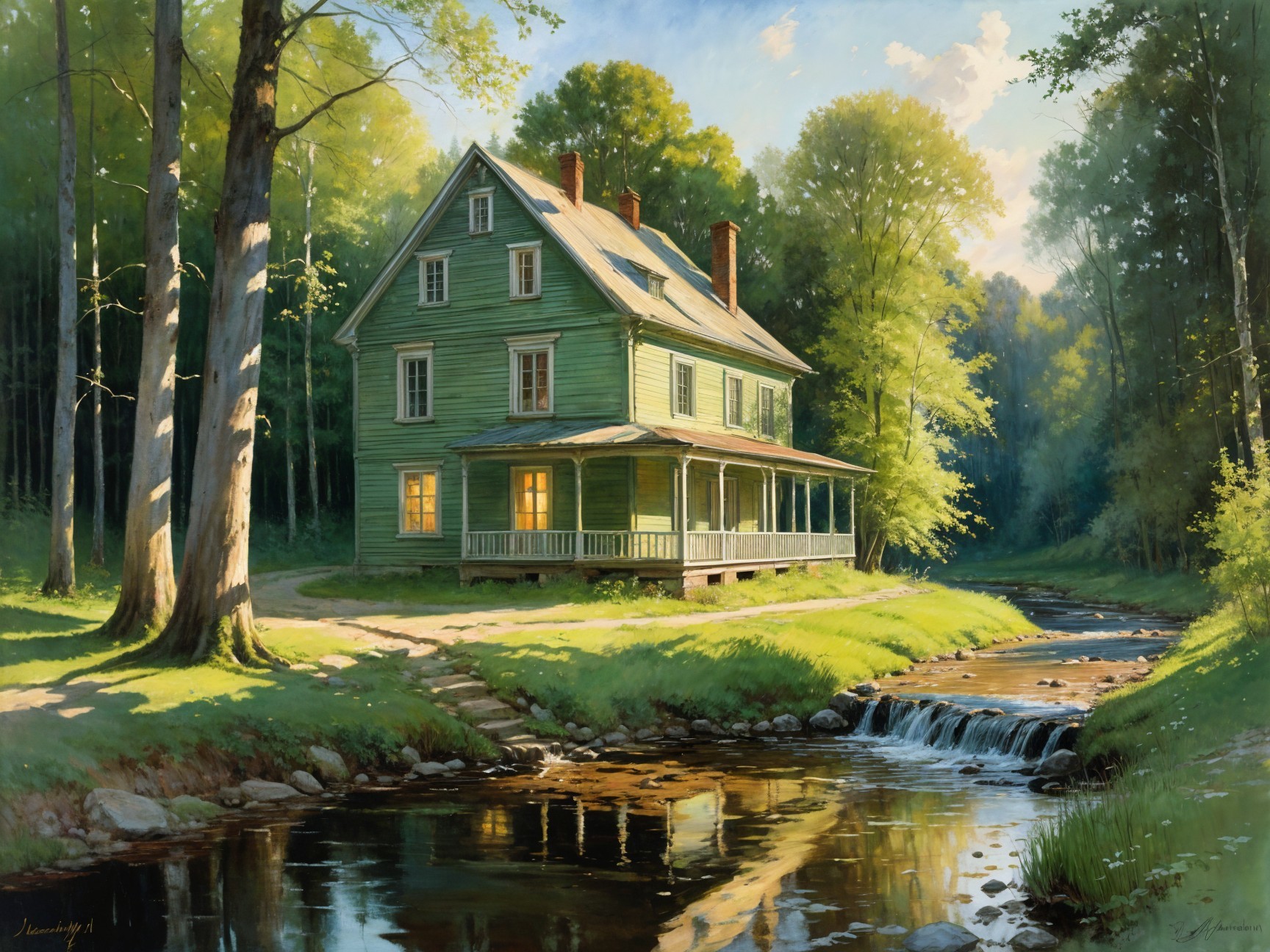 Green House by Stream Surrounded by Tall Trees