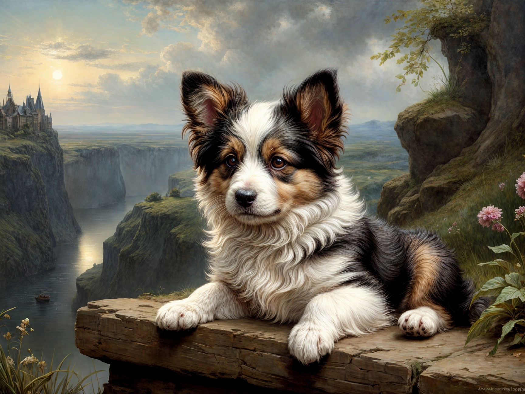 Tri-Colored Puppy on Mossy Rock with Scenic Landscape