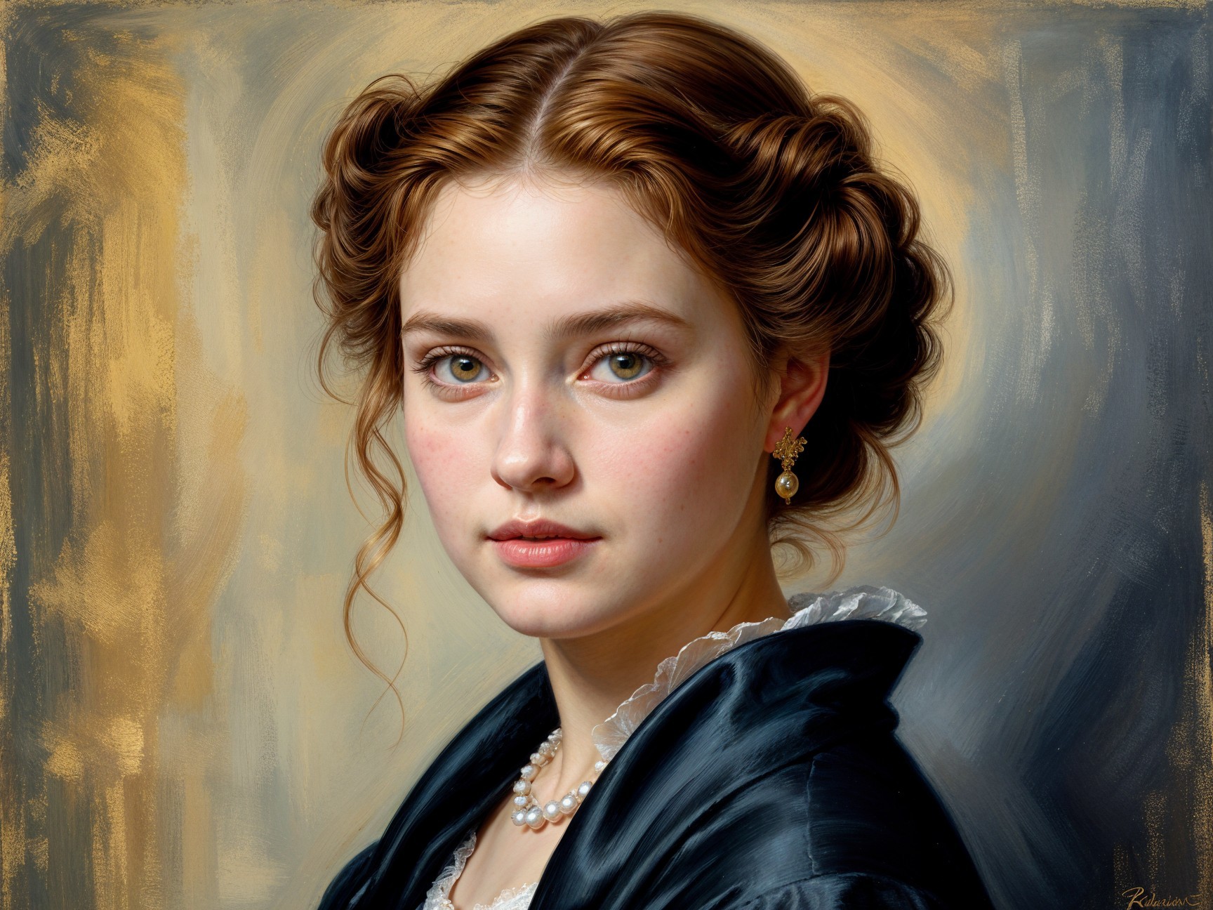 Portrait of a Young Woman with Green Eyes and Pearls