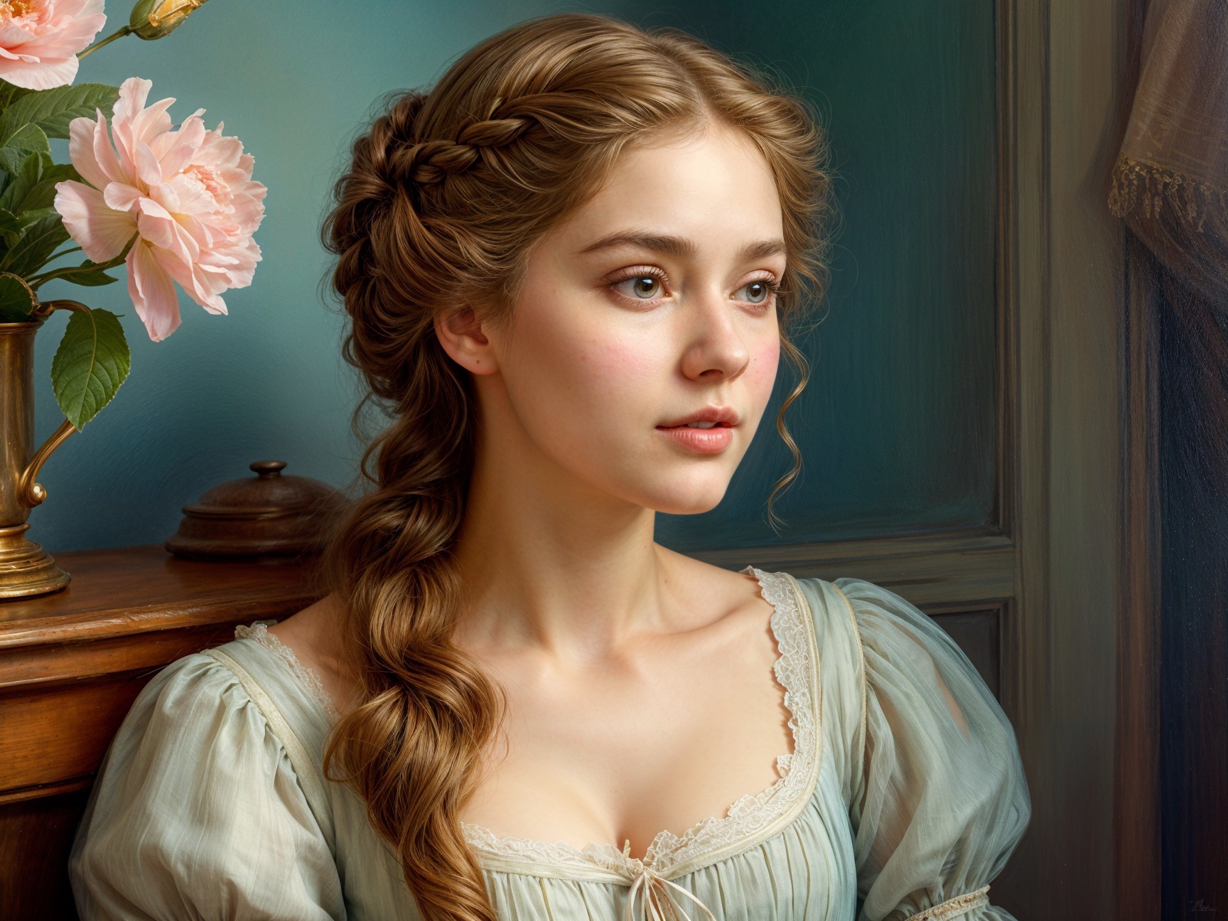 Young Woman in Light Blue Dress with Pink Peonies