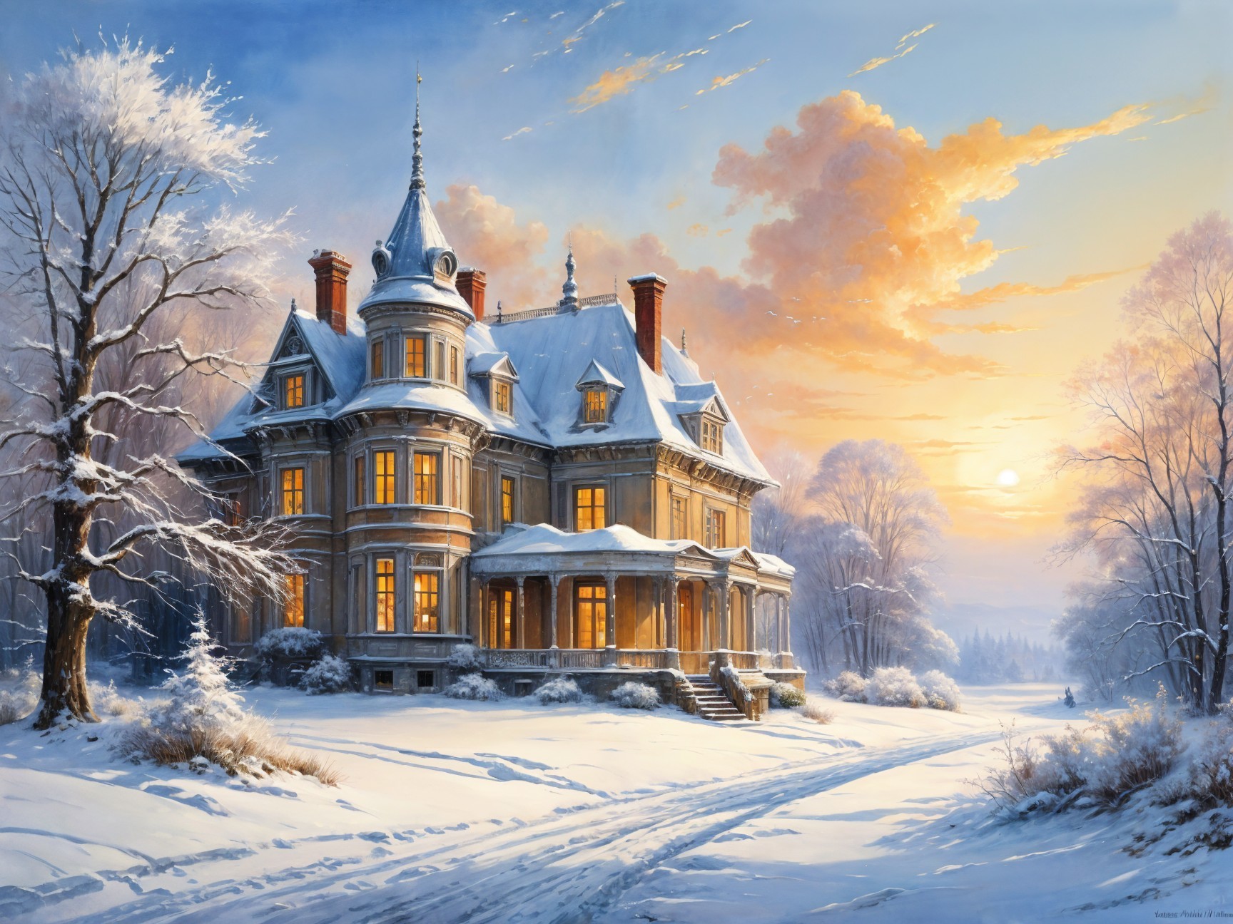 Majestic mansion in winter landscape with sunset hues