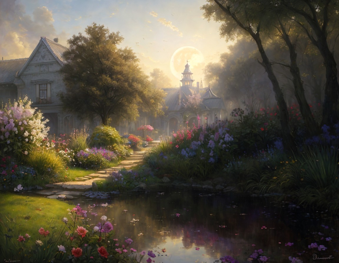 Tranquil moonlit pond with quaint house and lush gardens