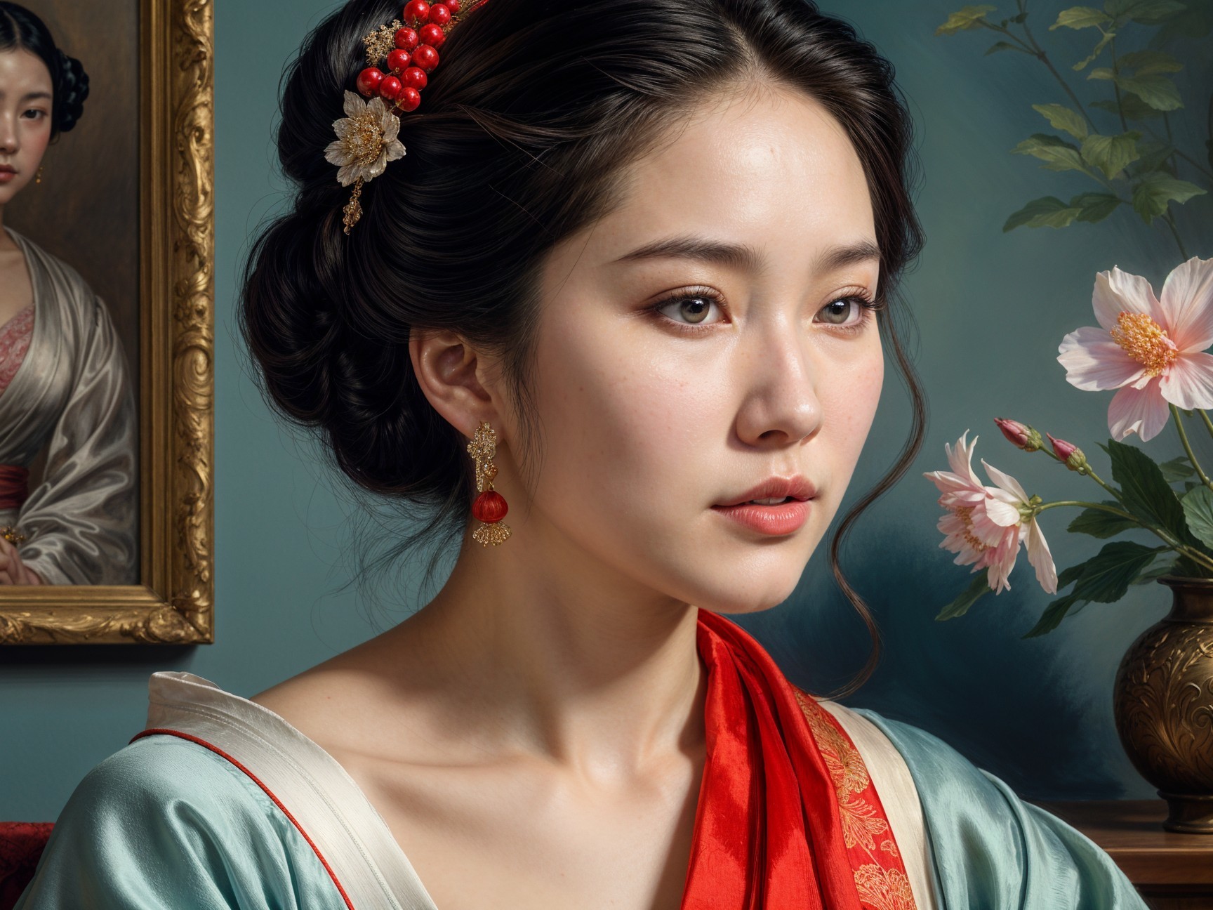 Young Woman in Traditional Outfit with Floral Pattern