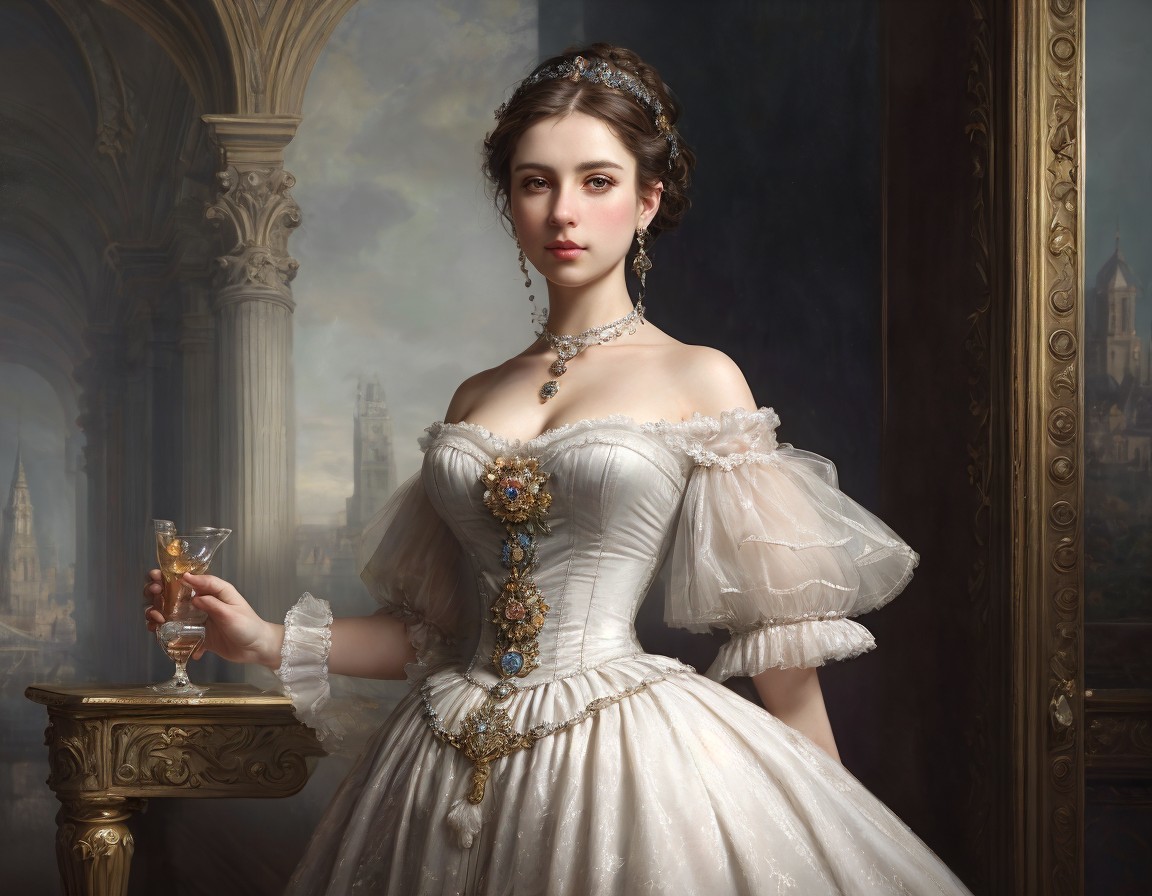 Woman in 19th-Century Ball Gown with Jeweled Brooch and Wine Glass by