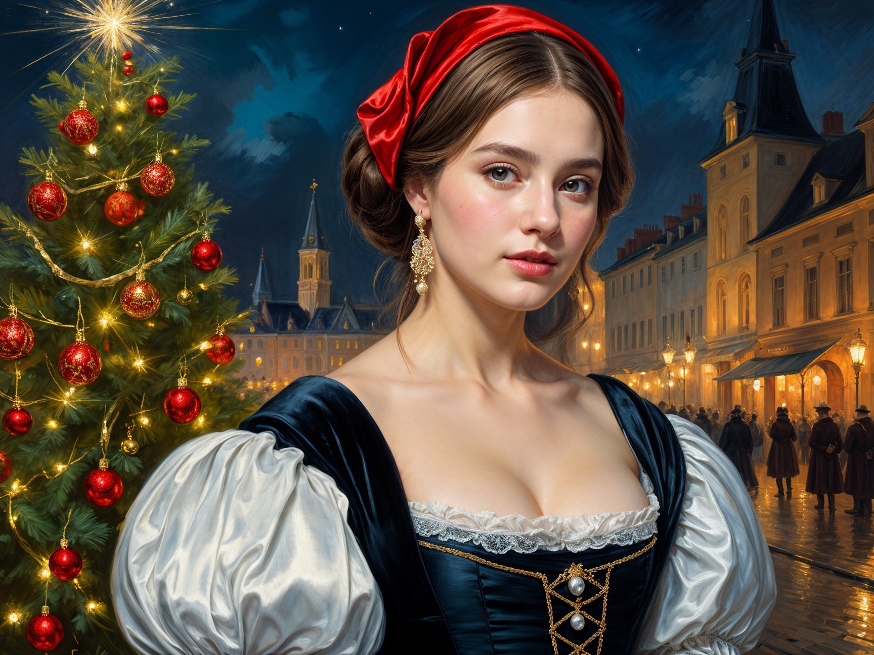 Young Woman by Festively Decorated Christmas Tree