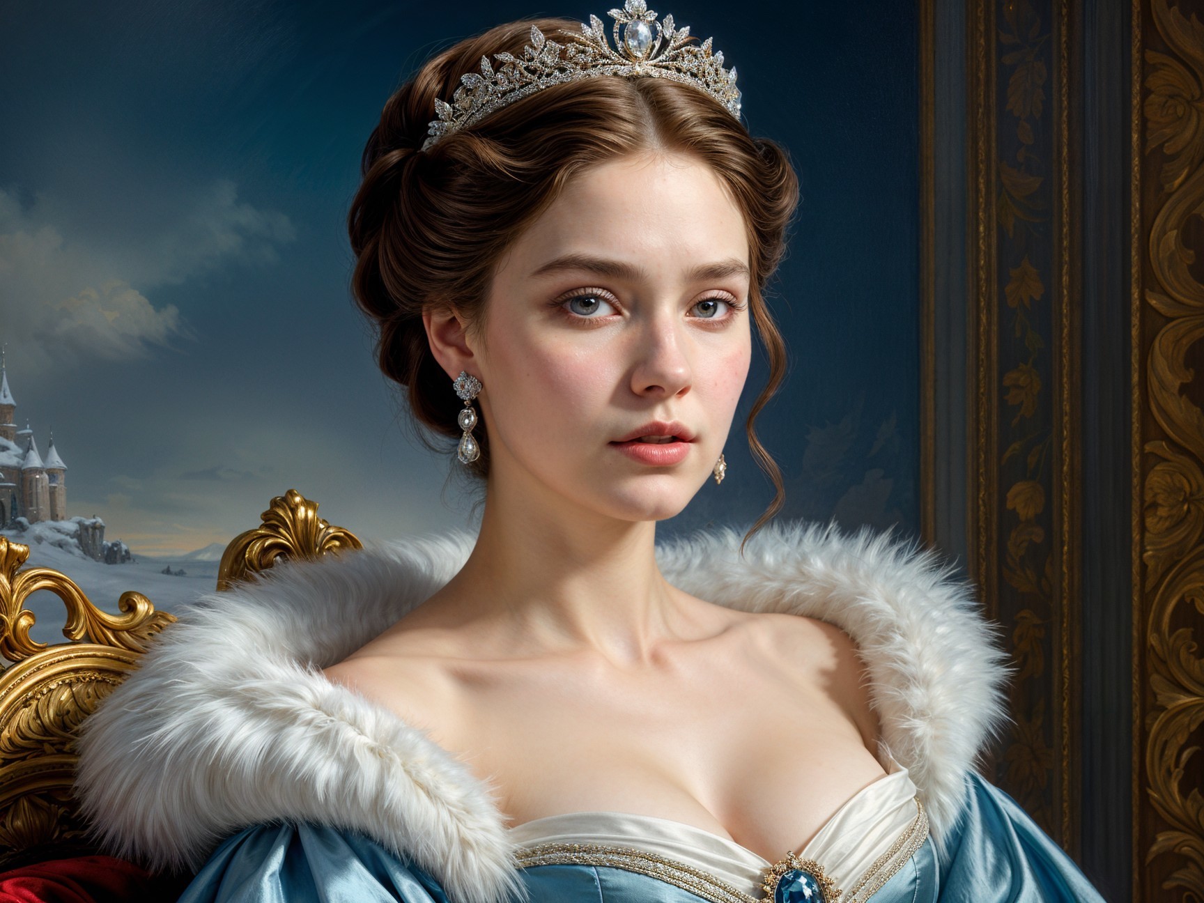 Regal Woman on Throne in Serene Winter Landscape