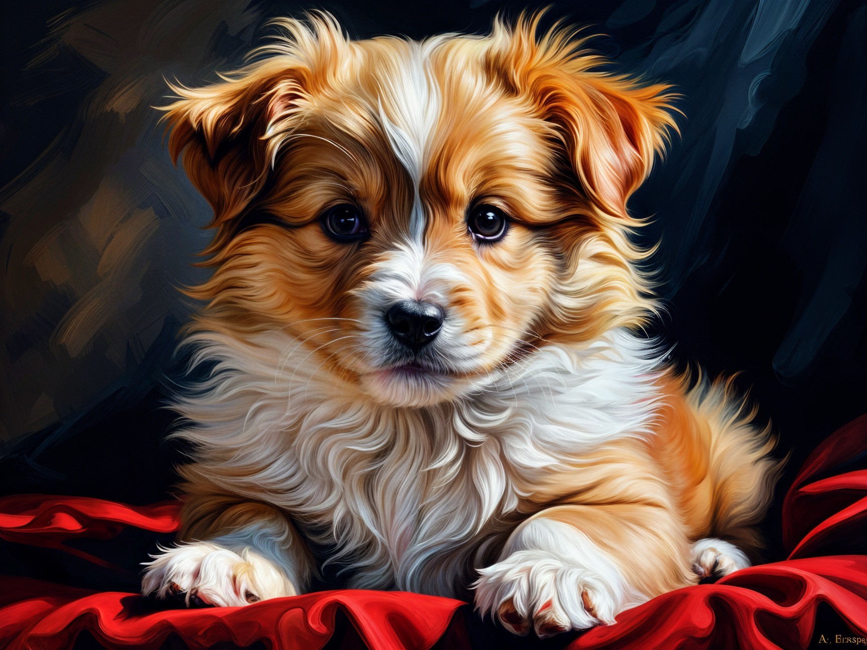 Fluffy Golden-Brown Puppy Resting on Red Fabric