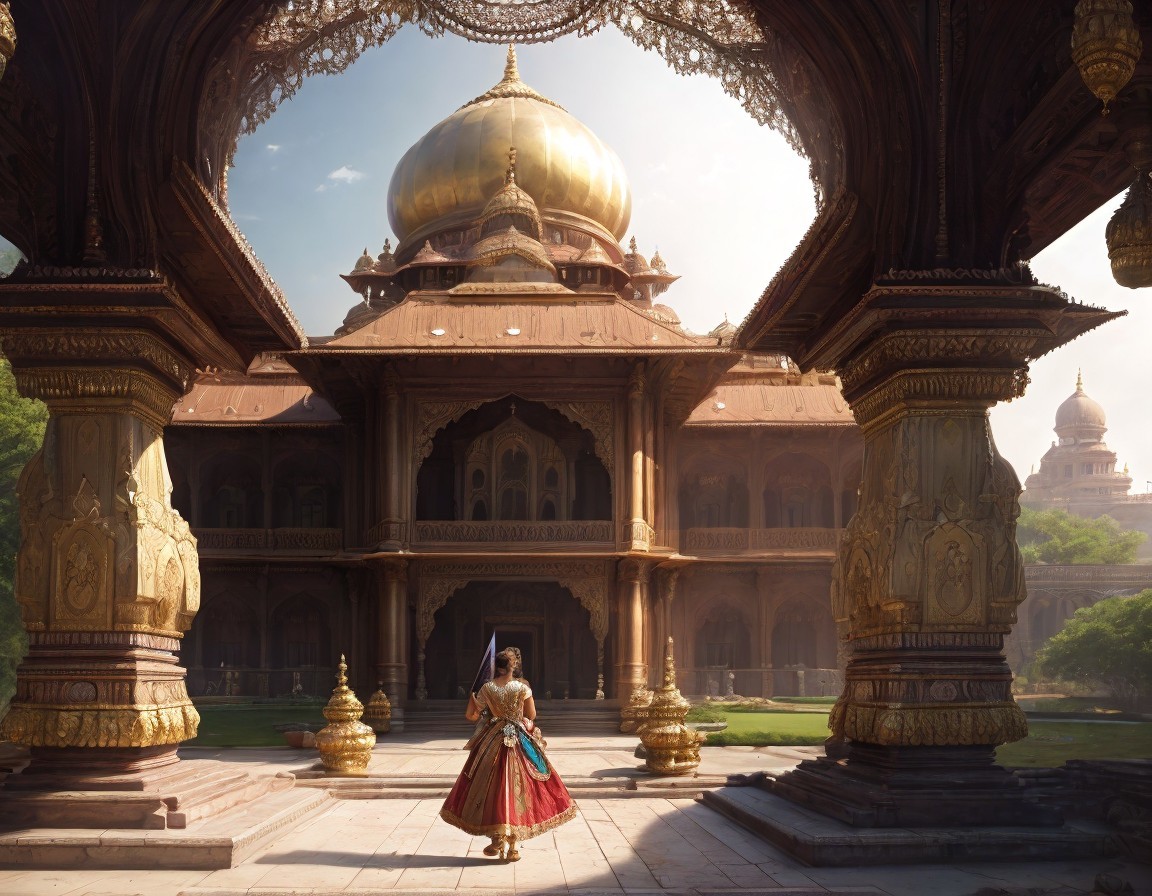 Traditional Indian Attire Woman Admiring Ornate Historical Palace