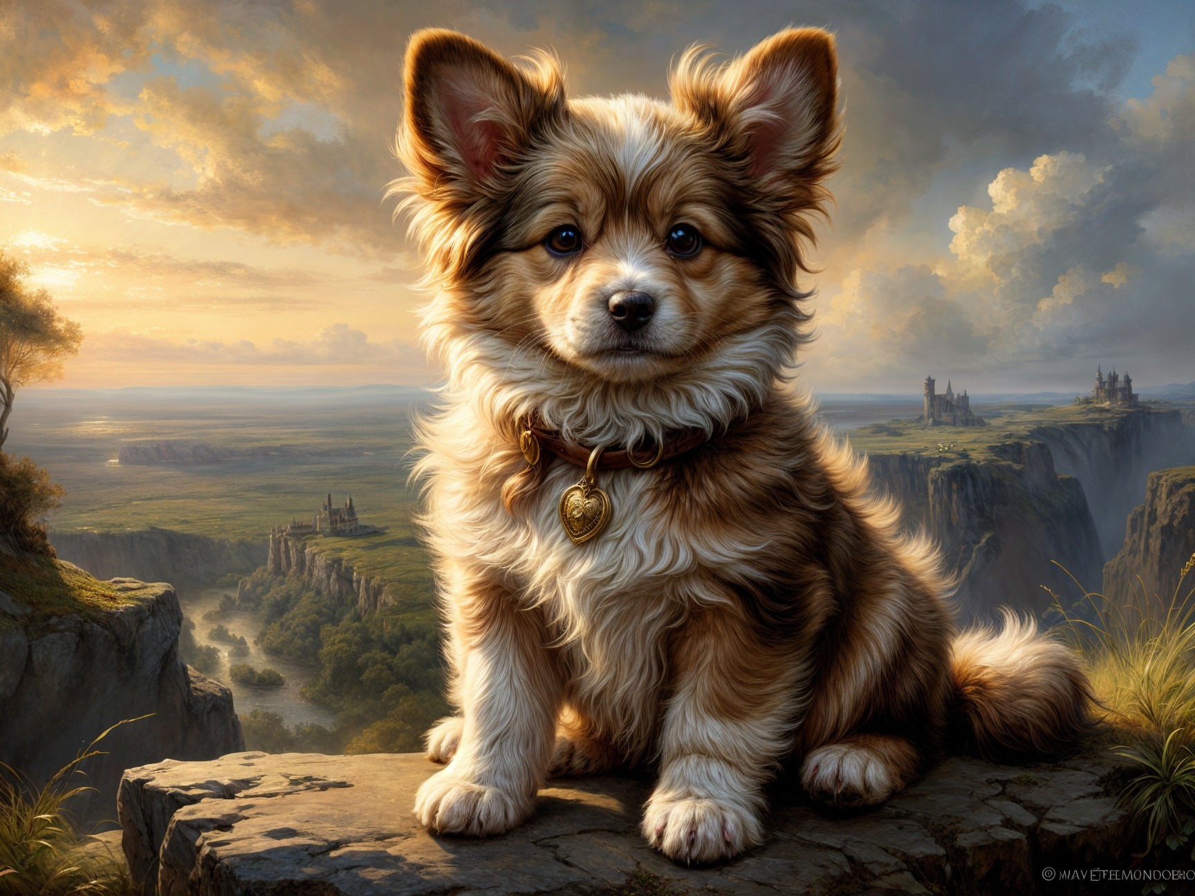 Fluffy Puppy on Rocky Ledge with Scenic Landscape