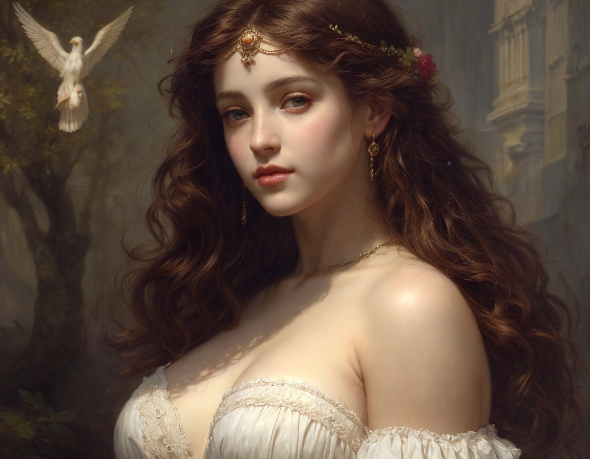 Young woman in off-shoulder dress with dove and nature