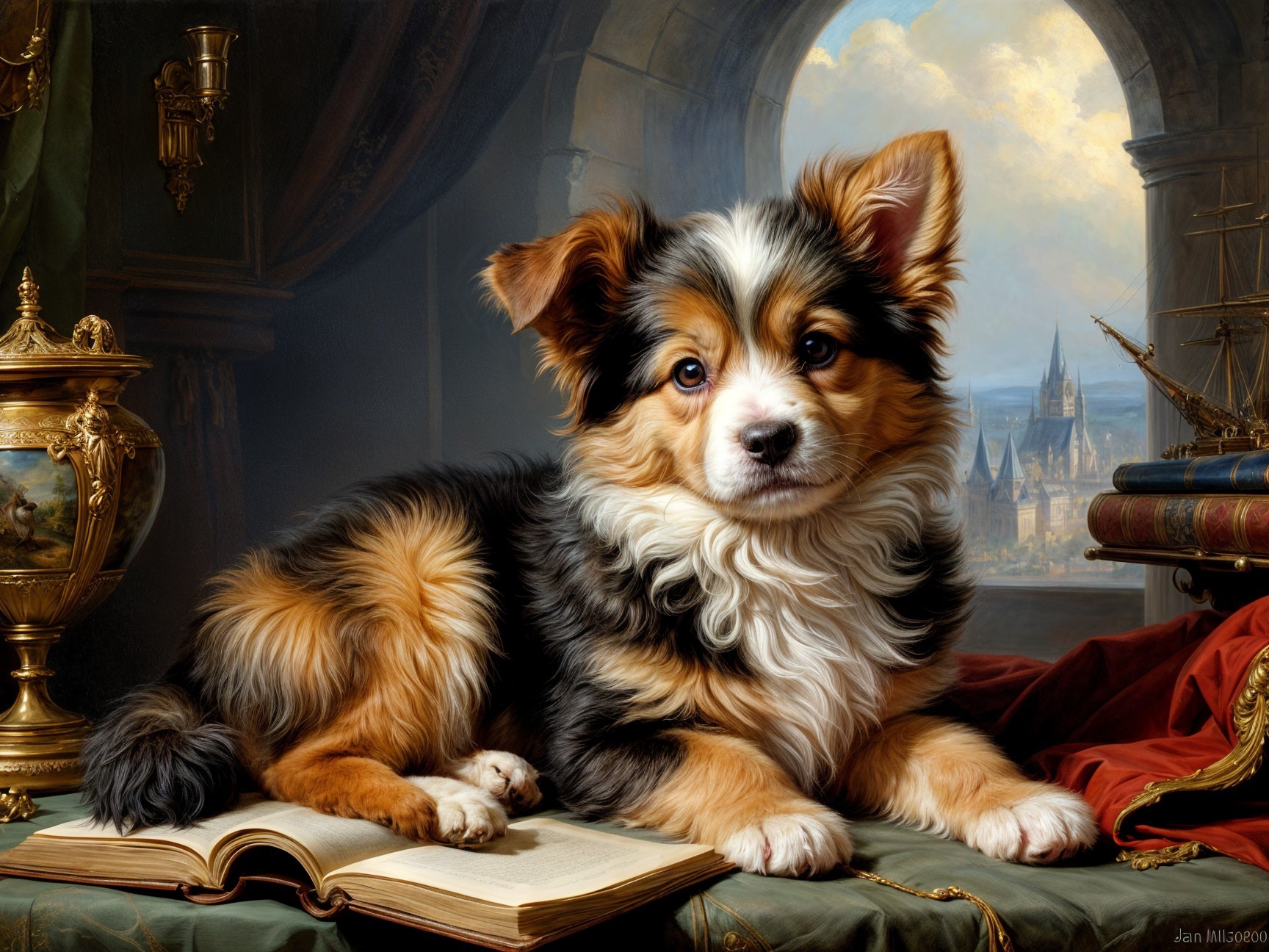 Fluffy Tri-Colored Puppy on Ornate Table with Castle View