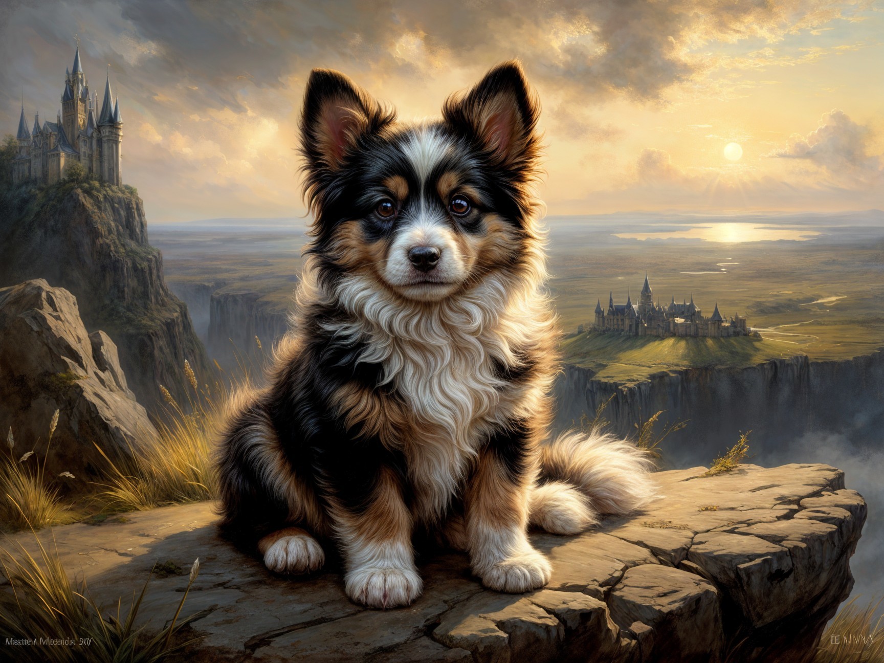 Fluffy Puppy on Rocky Outcrop with Castle Background