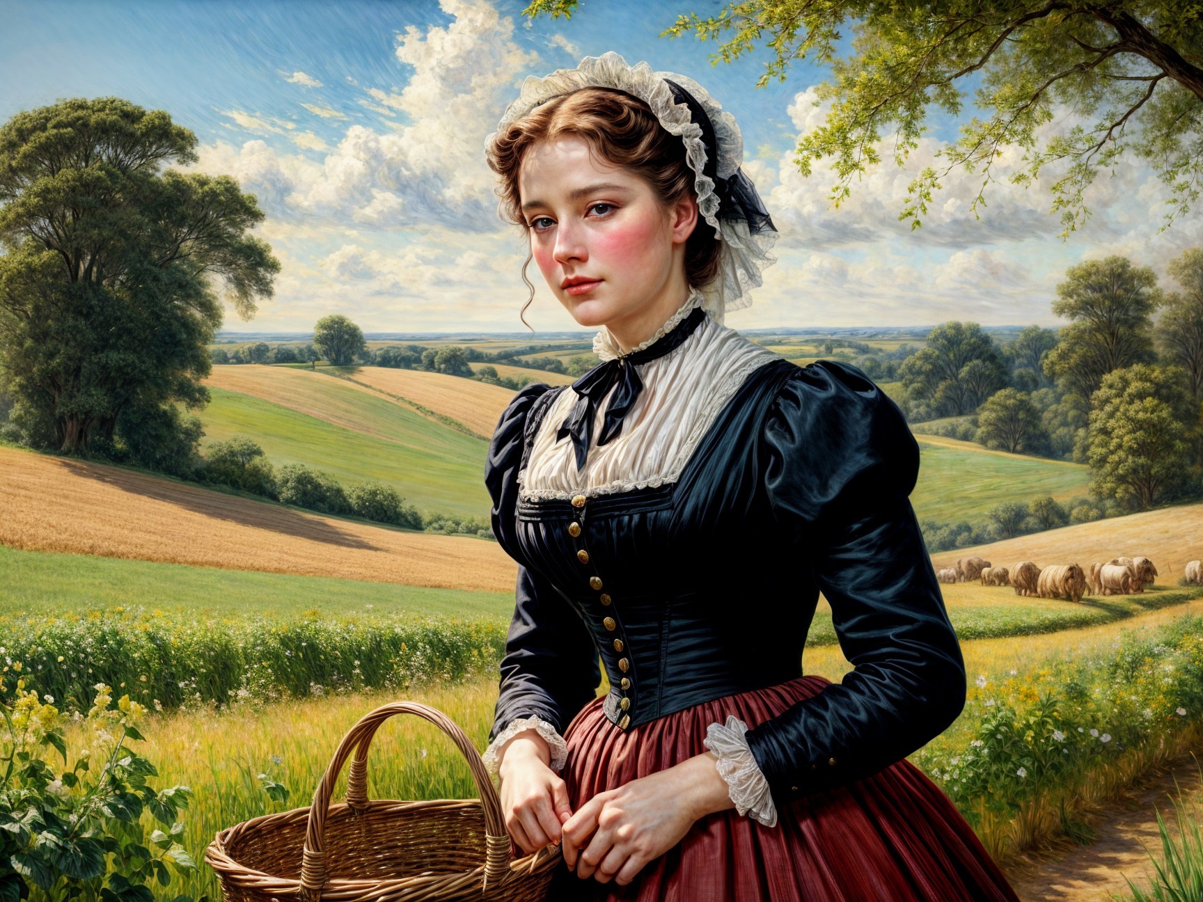 Young Woman in Vintage Dress in Serene Countryside