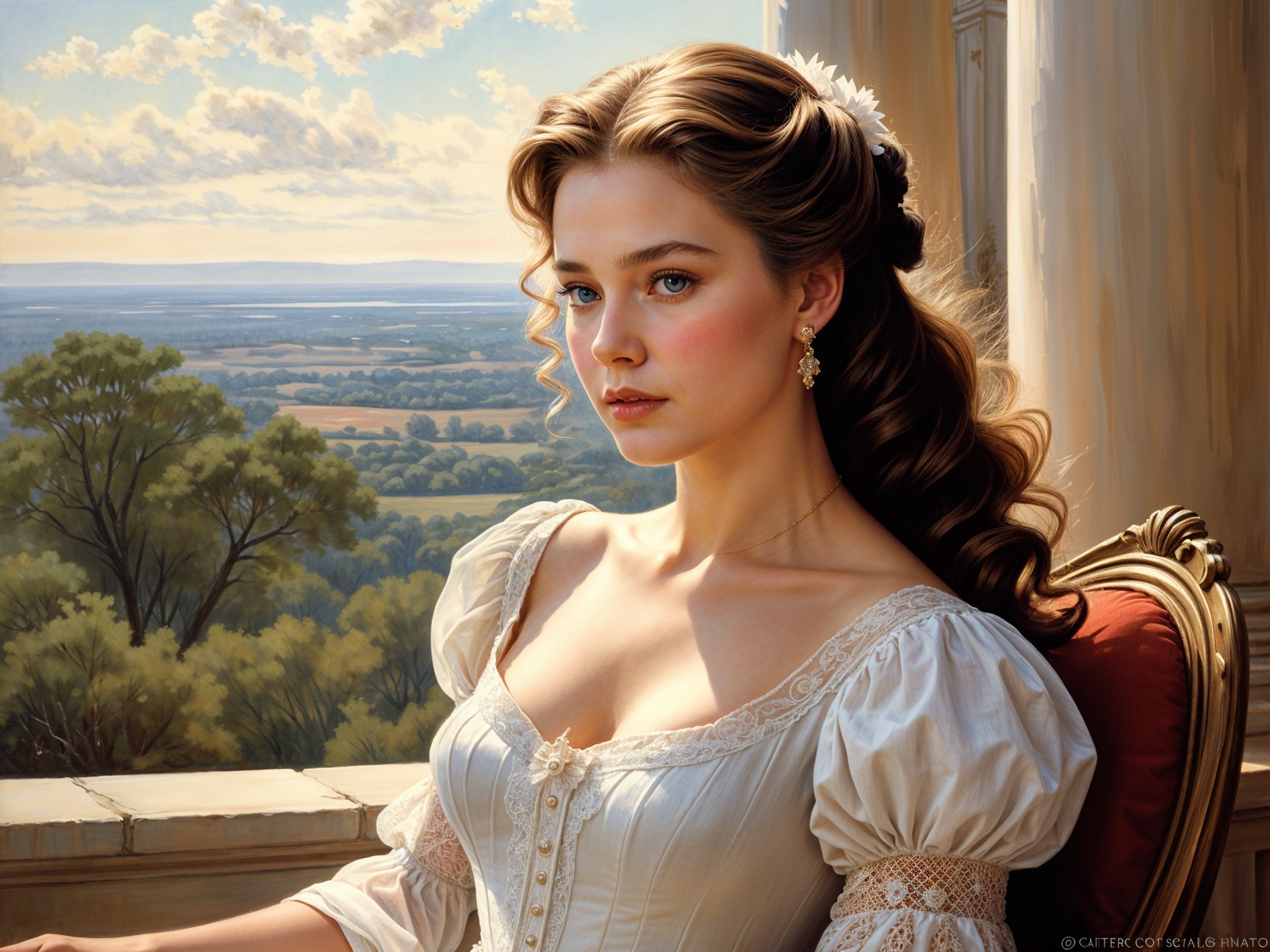 Elegant Young Woman in Scenic Landscape Setting