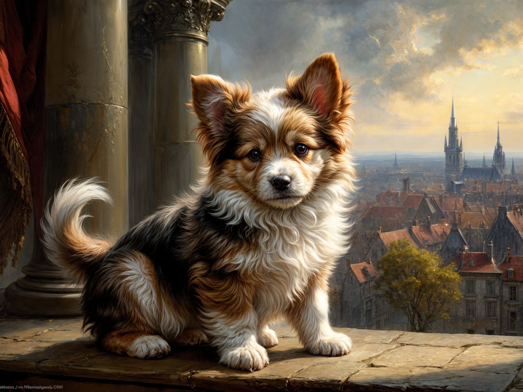 Fluffy Tri-Color Puppy on Windowsill with City Skyline