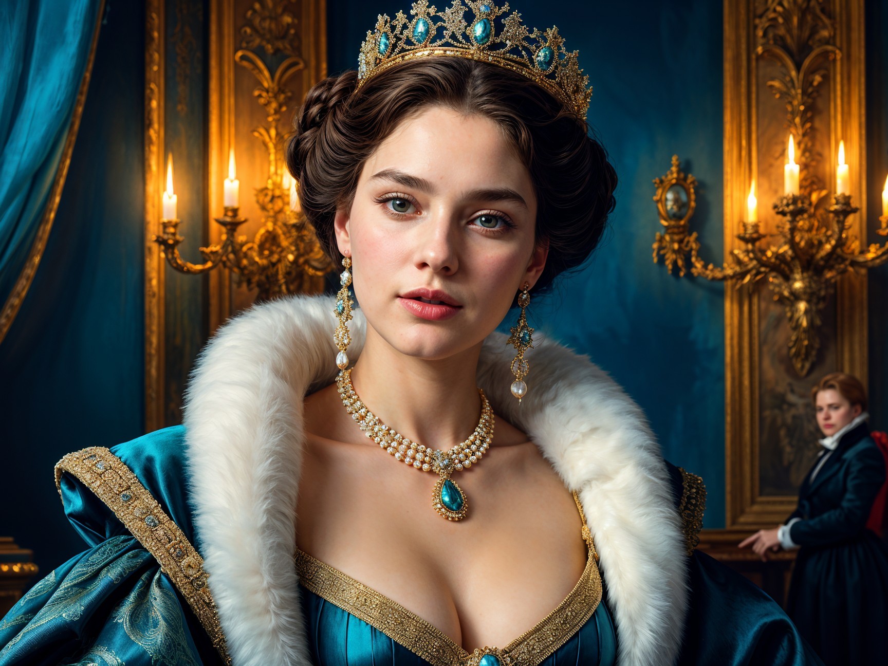 Regal Woman in Blue Gown with Fur Collar and Jewelry