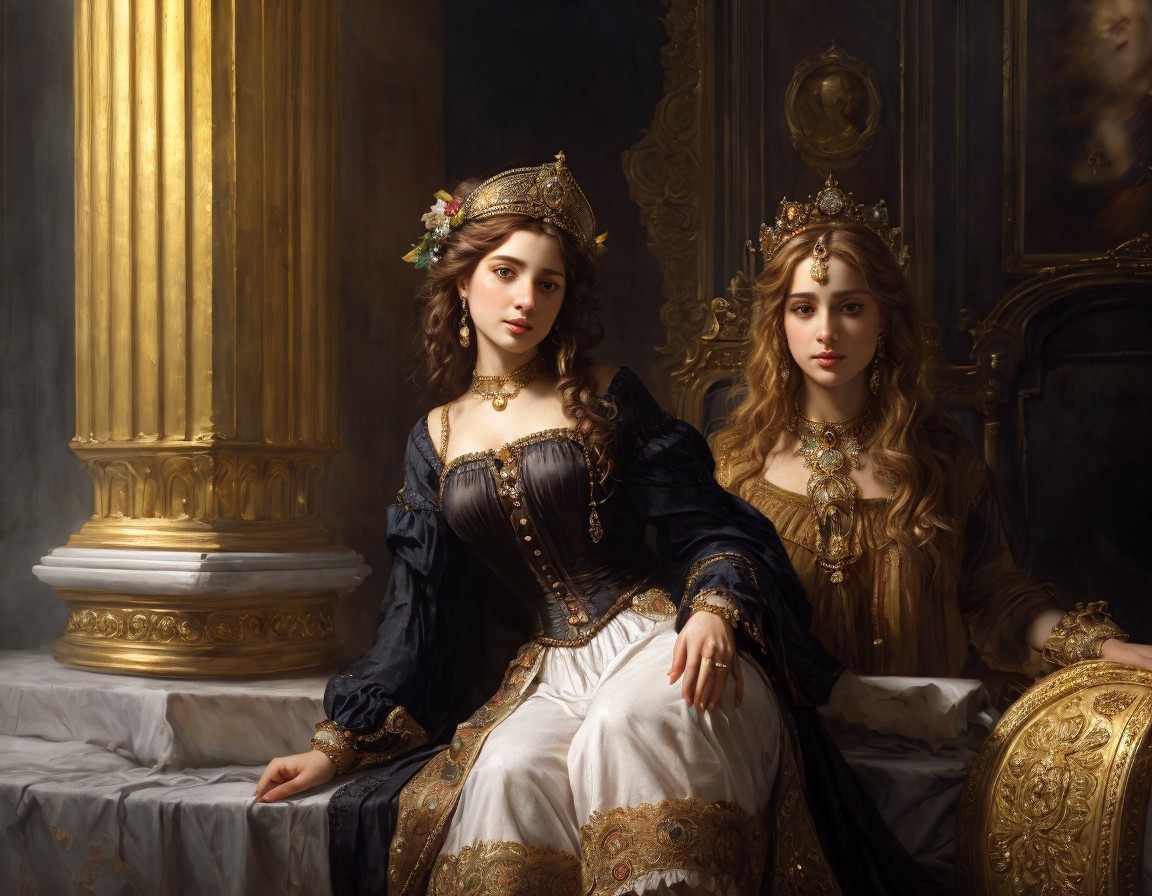 Women in Historical Dresses Beside Golden Columns