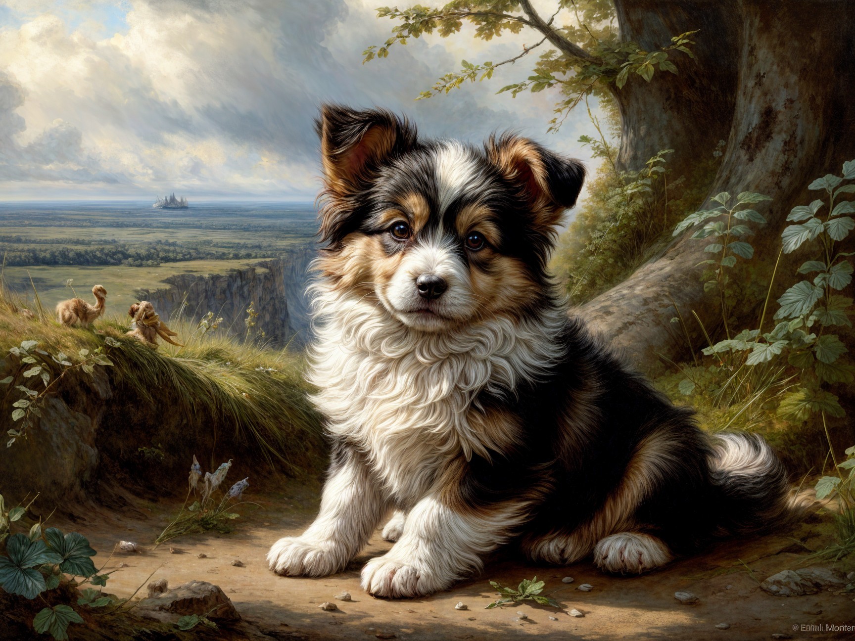 Puppy in a tranquil natural setting with greenery