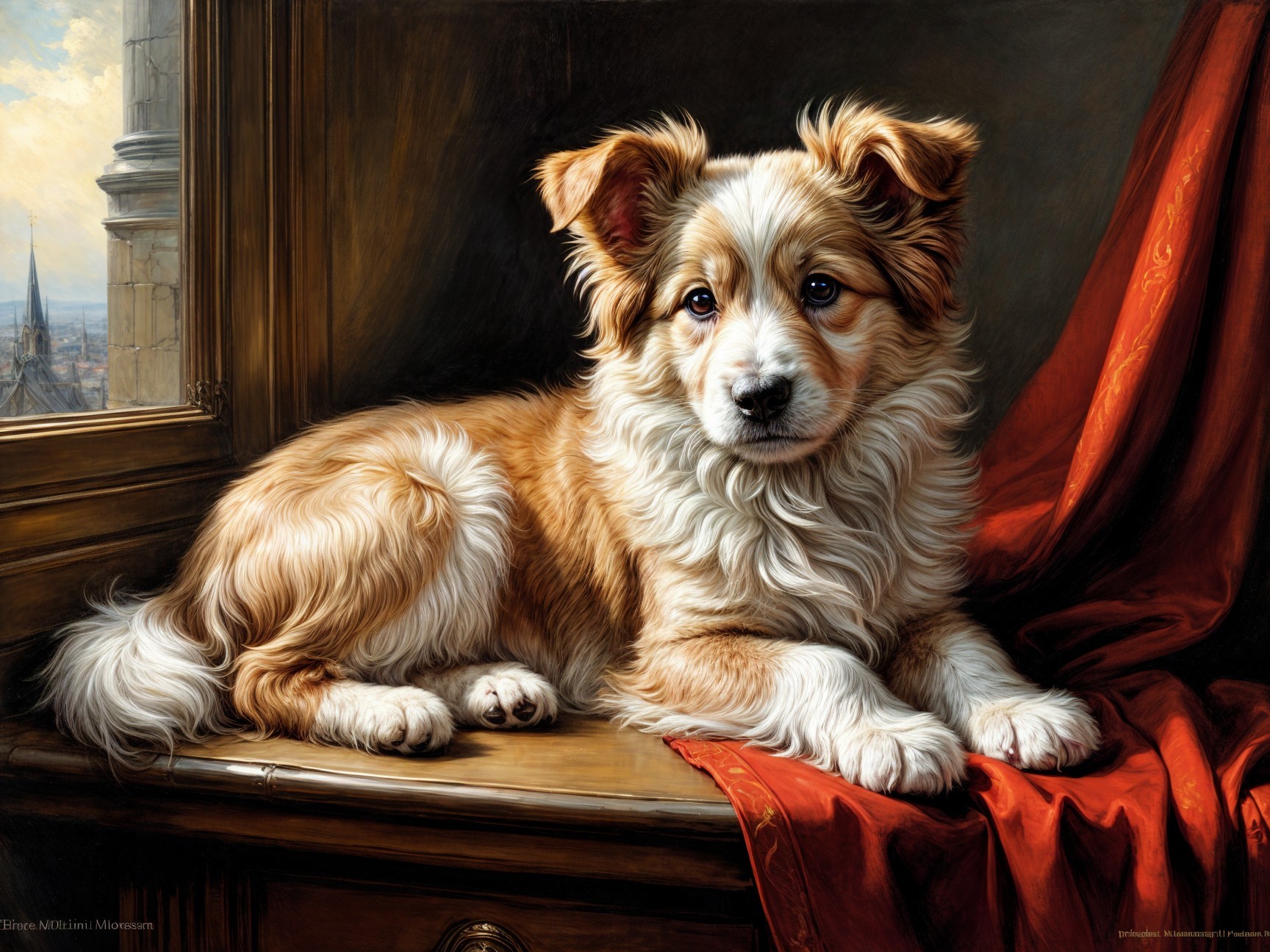 Fluffy Golden and White Dog on Wooden Table