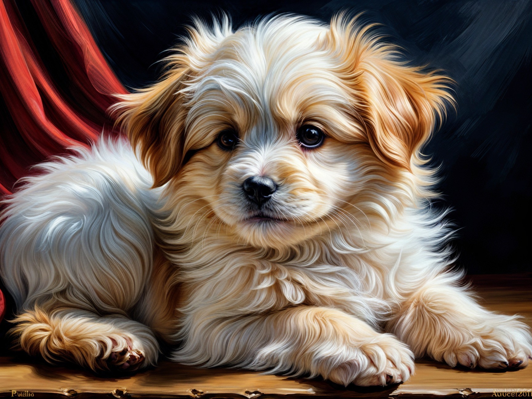 Fluffy Light-Colored Puppy on Wooden Surface