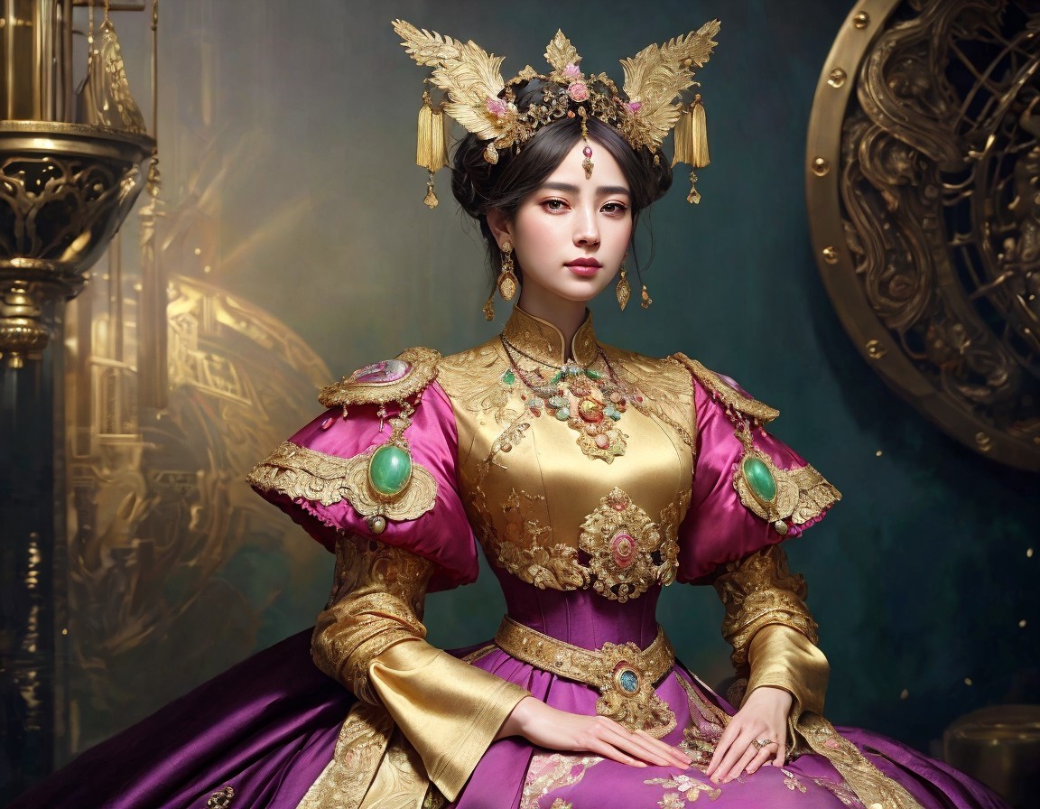 Regal woman in purple and gold historical costume with golden headpiece in front of ornate mechanical gears