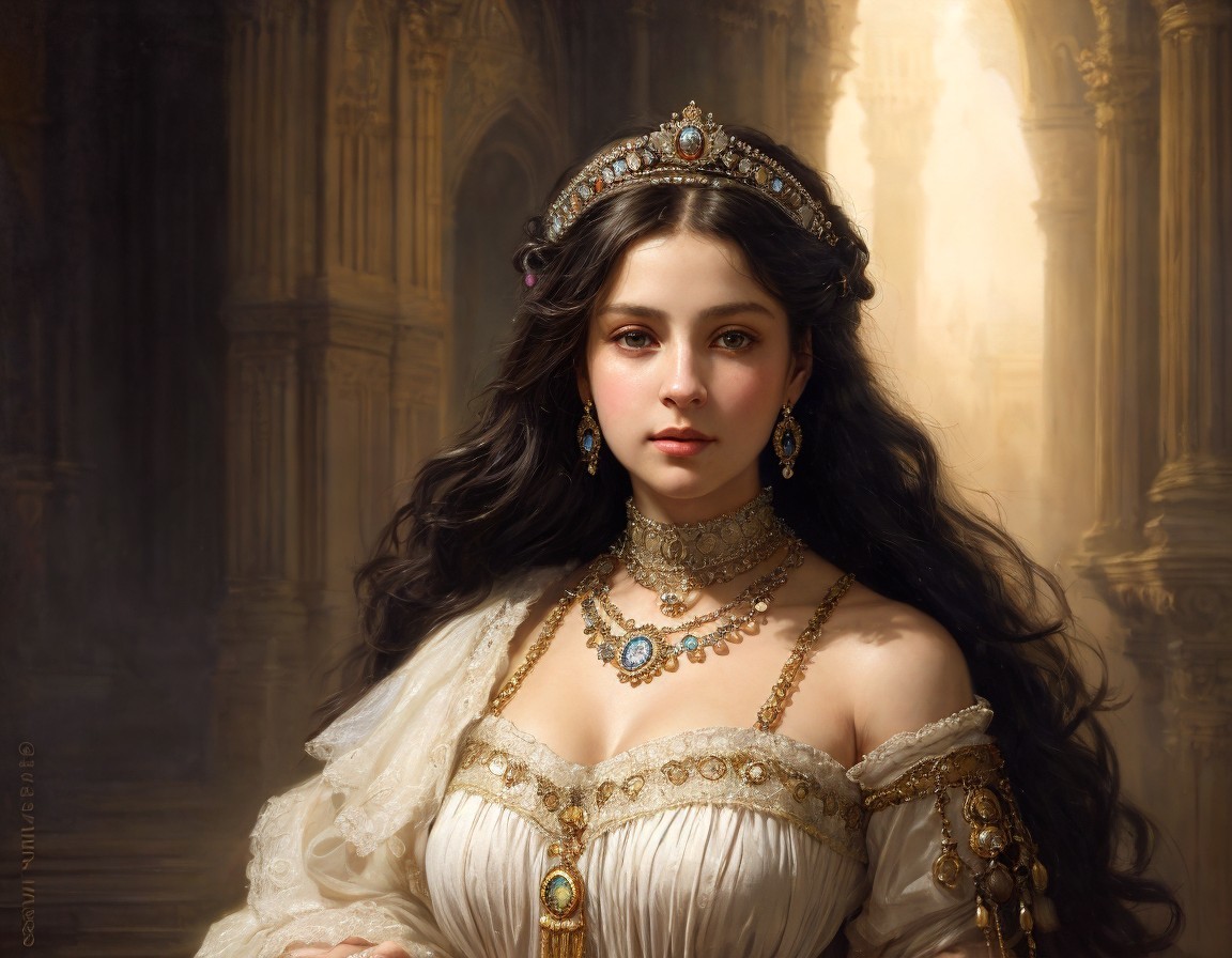 Elegant woman portrait in pearl white dress with gold accents