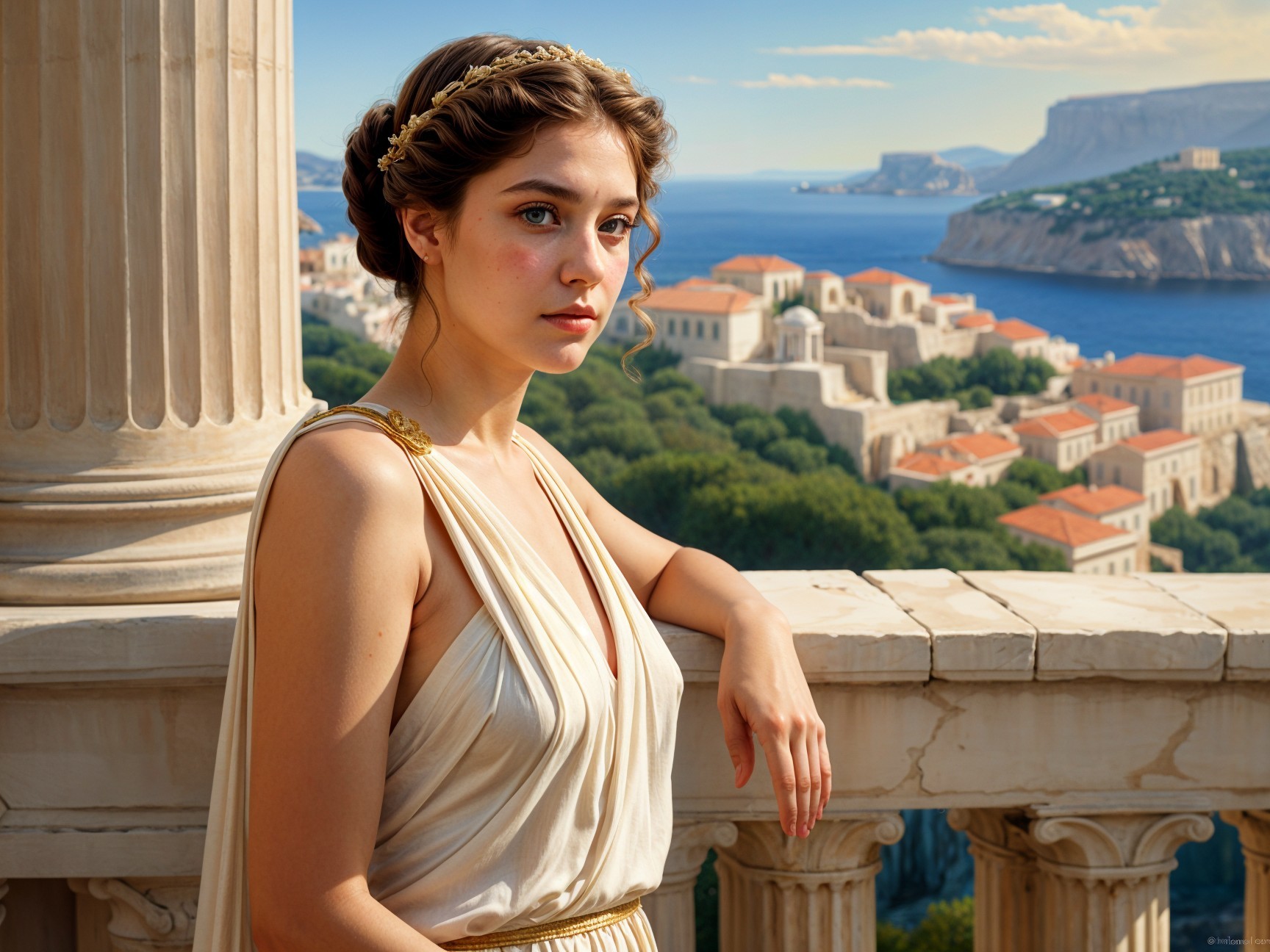 Young woman in white gown by classical architecture