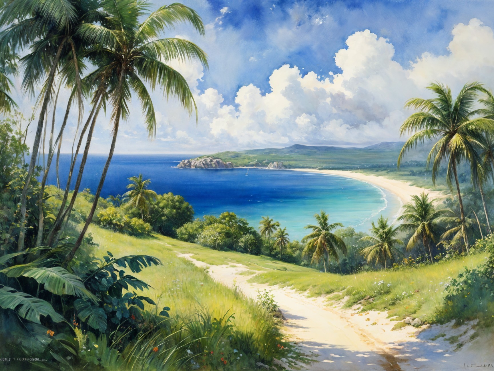 Tropical Landscape with Lush Hills and Sandy Beach