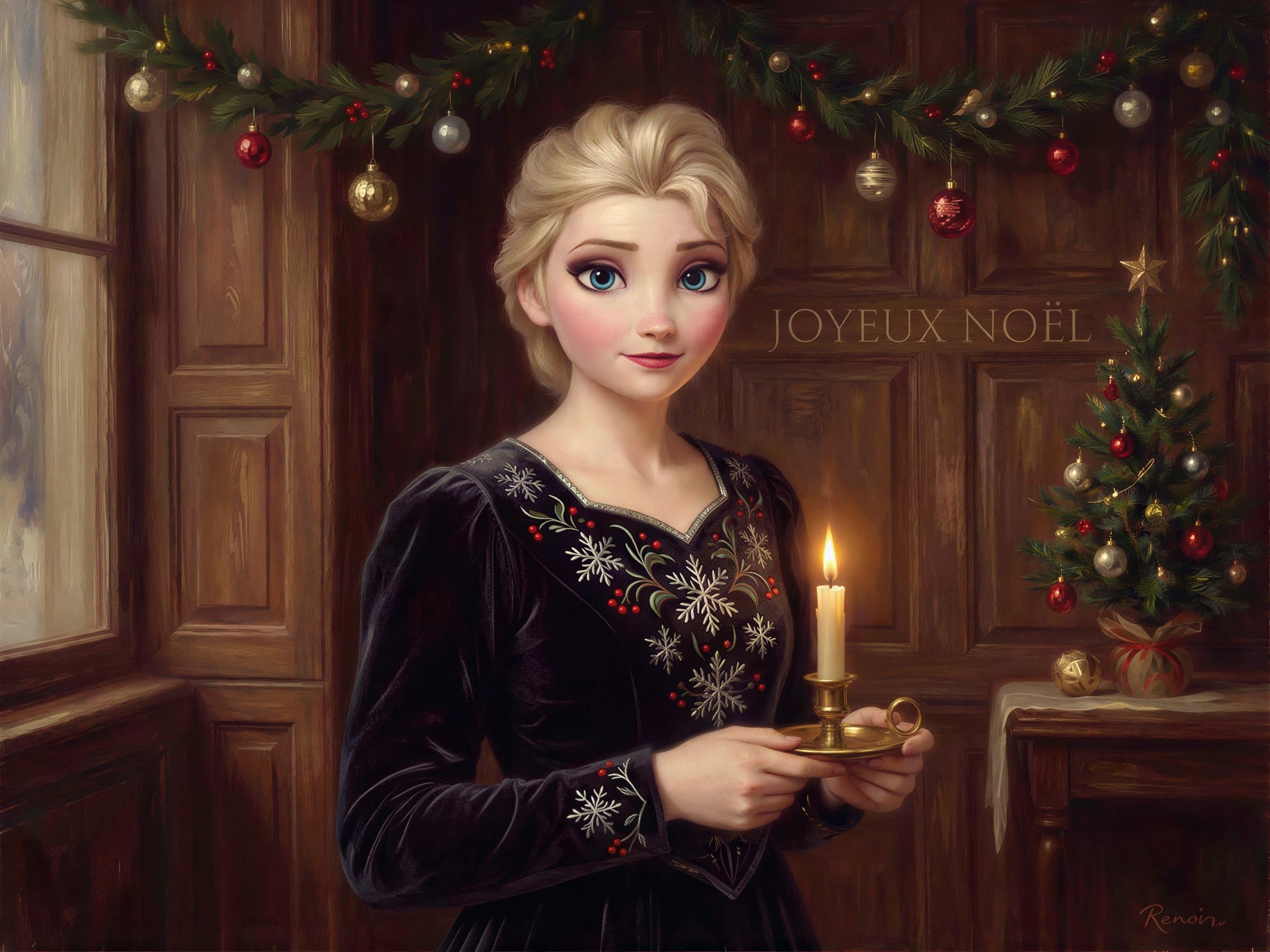 Victorian Woman in Elegant Dress by Snowy Window