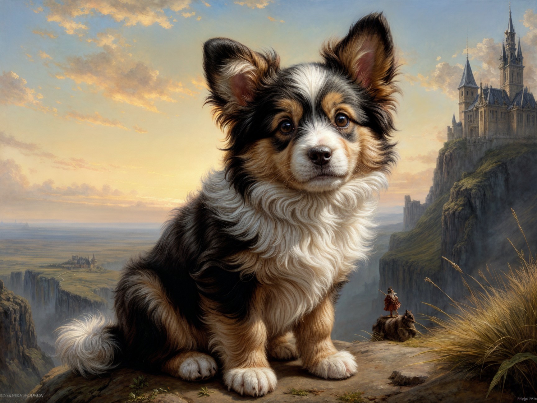 Fluffy Dog on Rocky Ledge with Castle Landscape