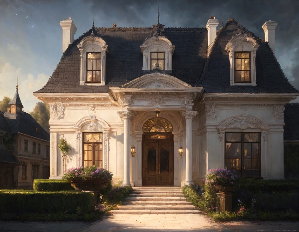 Elegant Two-Story House with Steep Roof and Sunset Glow