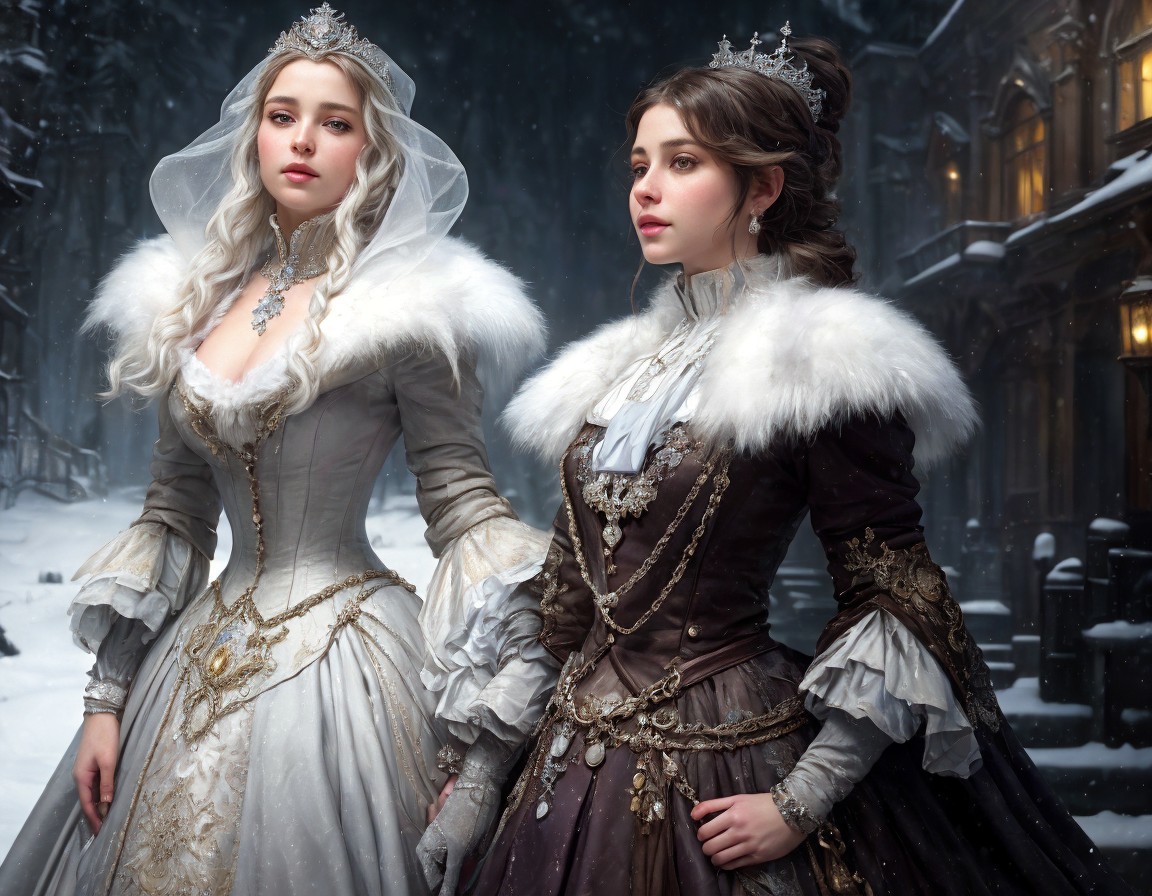 Two Women in Medieval Dresses with Fur Trim in Snowy Setting