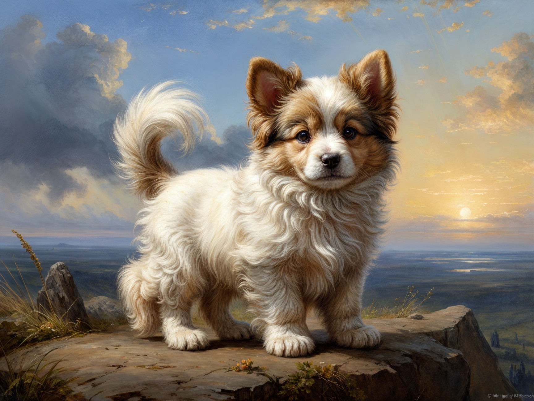 Fluffy Dog on Rocky Outcrop at Sunset with Scenic View