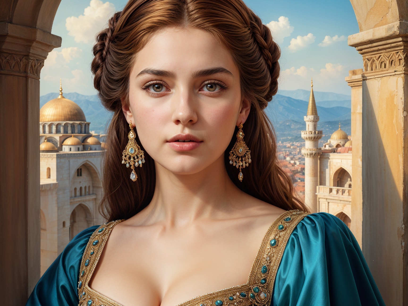 Elegant Young Woman in Ornate Blue Dress with Architecture