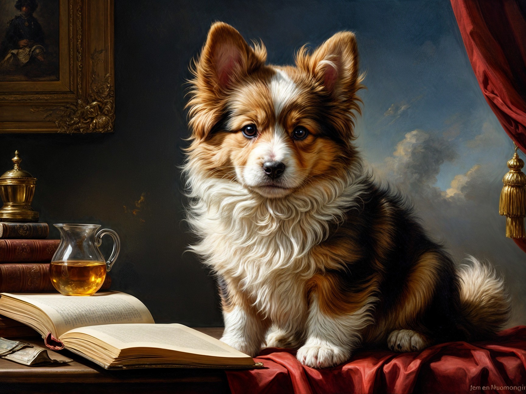 Regal Corgi on Table with Book and Amber Jug
