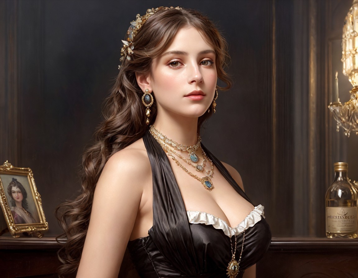 Classic Portrait of Woman in Black Dress with Pearl Necklace