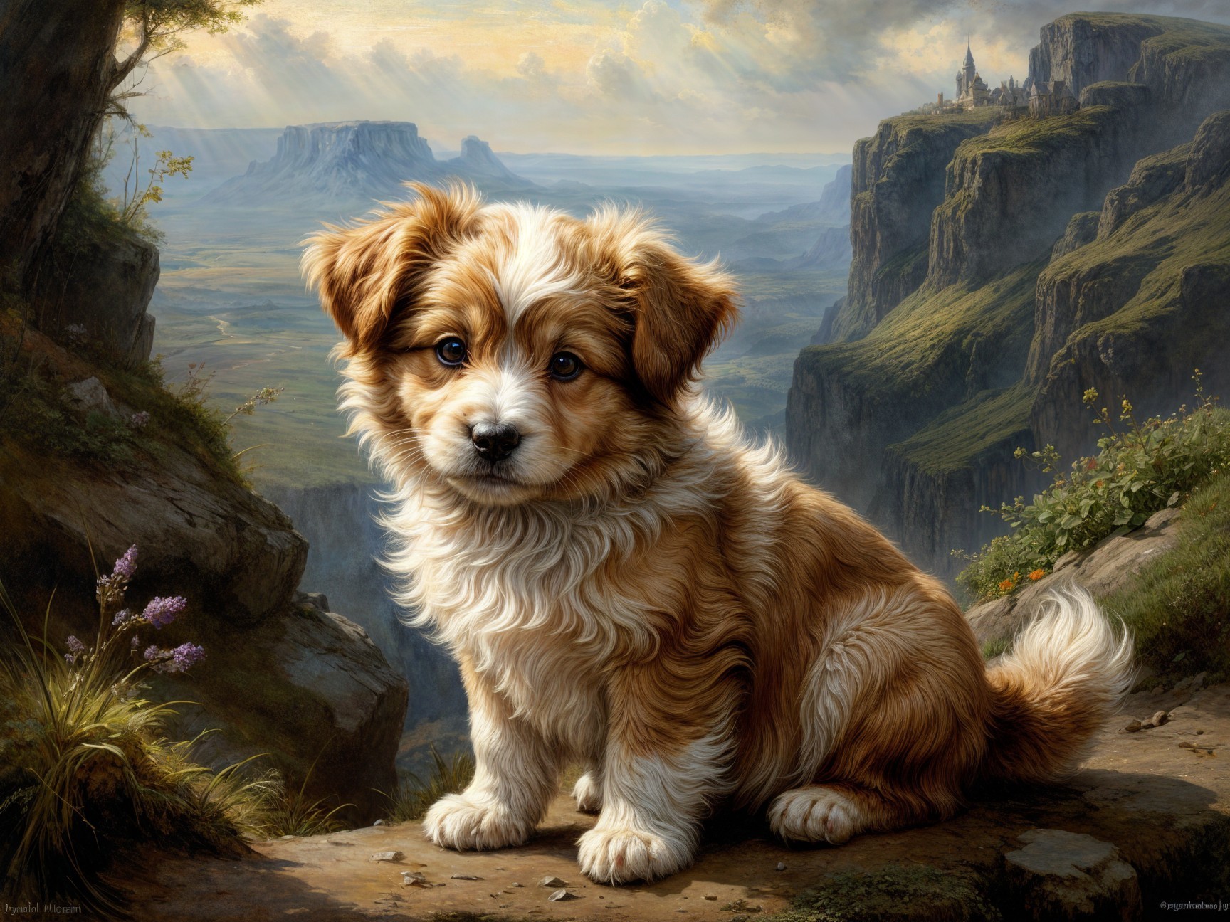 Fluffy Golden-Brown Puppy on Rocky Outcrop with Landscape