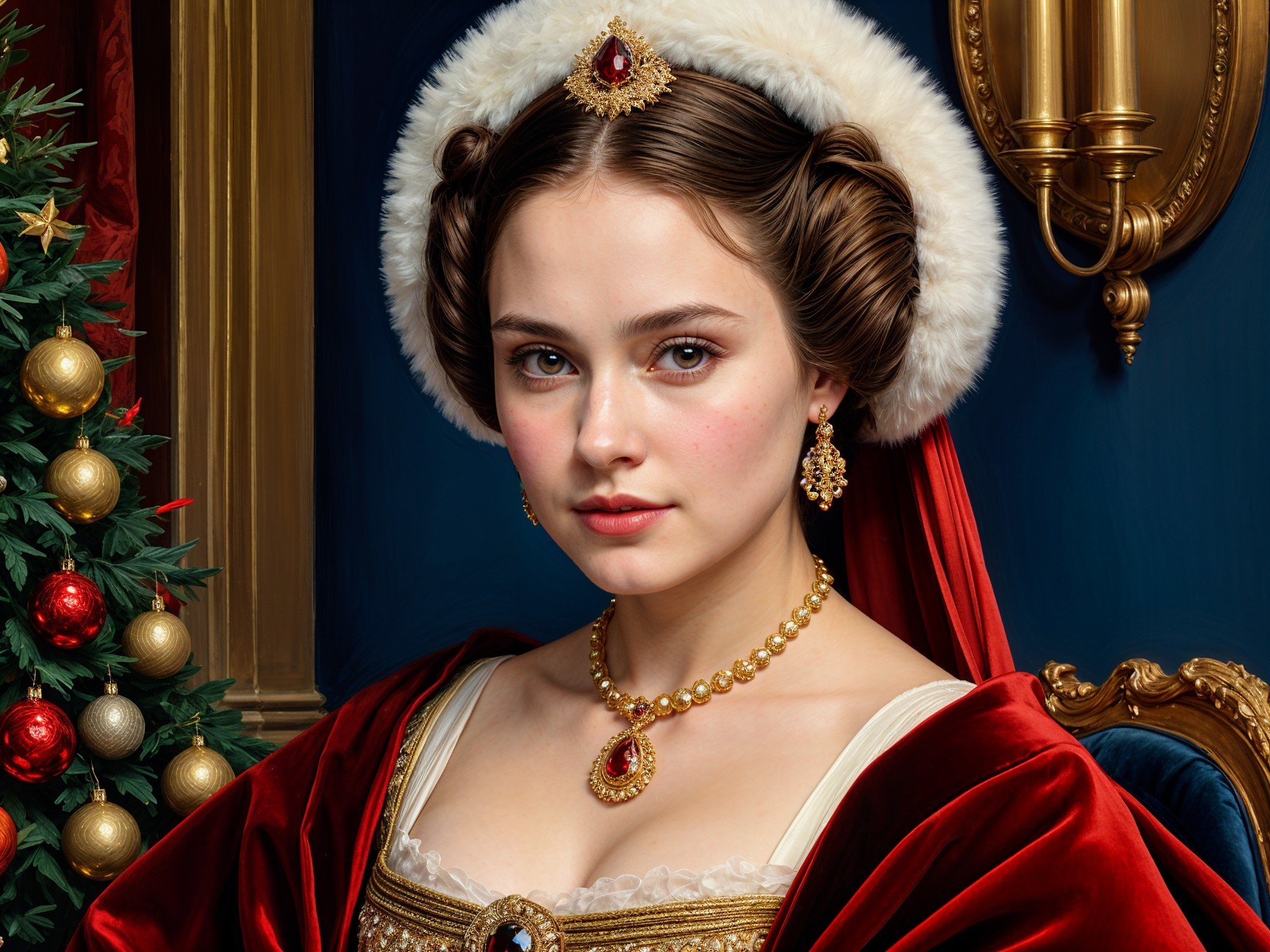 Elegant Woman in Red Gown with Festive Background